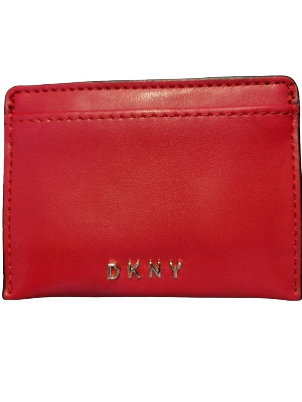 DKNY Red Faux Leather Slim Card Holder Wallet Gold Lettering 4" x 3"